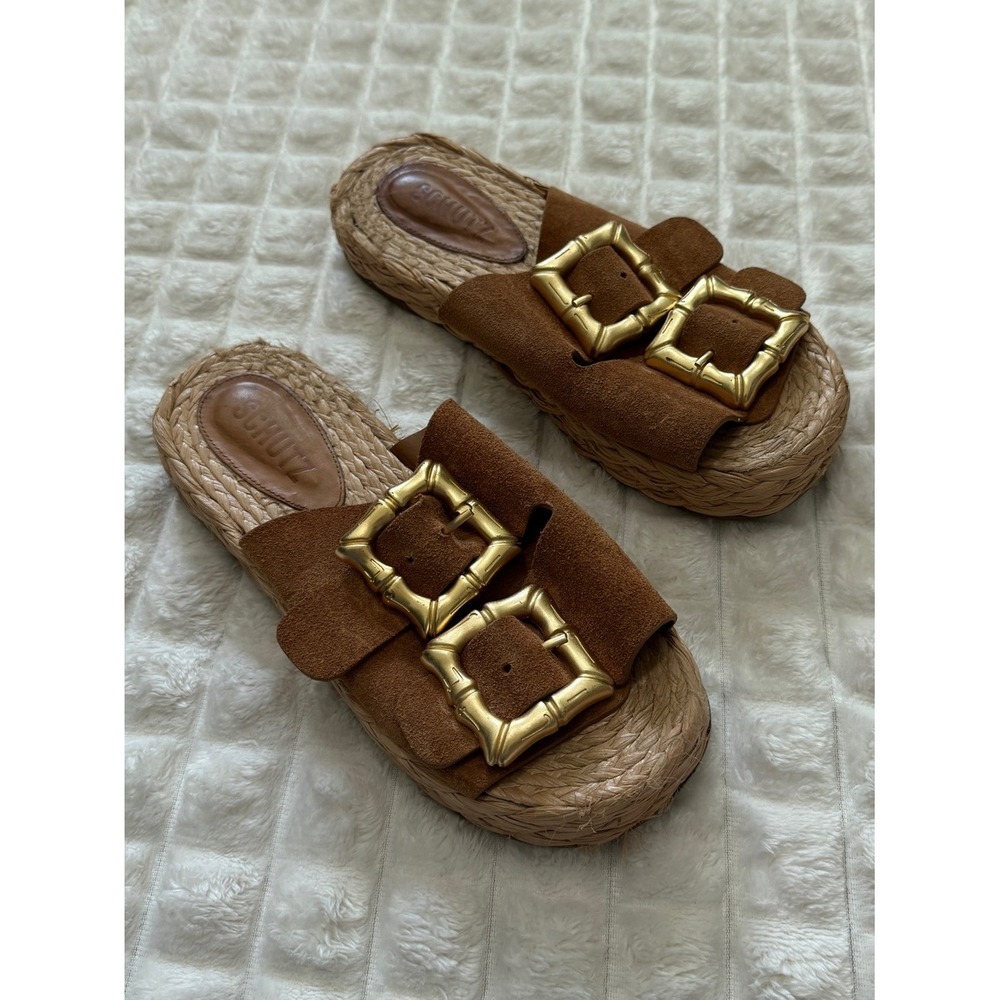 Schutz 7B Brown Suede Slides Sandals ~ Gold Buckles Rope Espadrille Boho Resort
